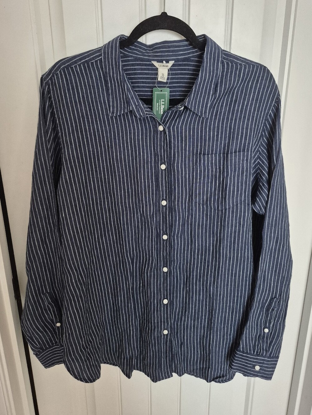 L.L. Bean 100% Linen Shirt Tunic Long Sleeve Micro Stripe Women's XL NWT